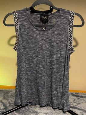 W5 Heather Navy Sleeveless Scoop Neck Tank with Embroidered Shoulder Trim